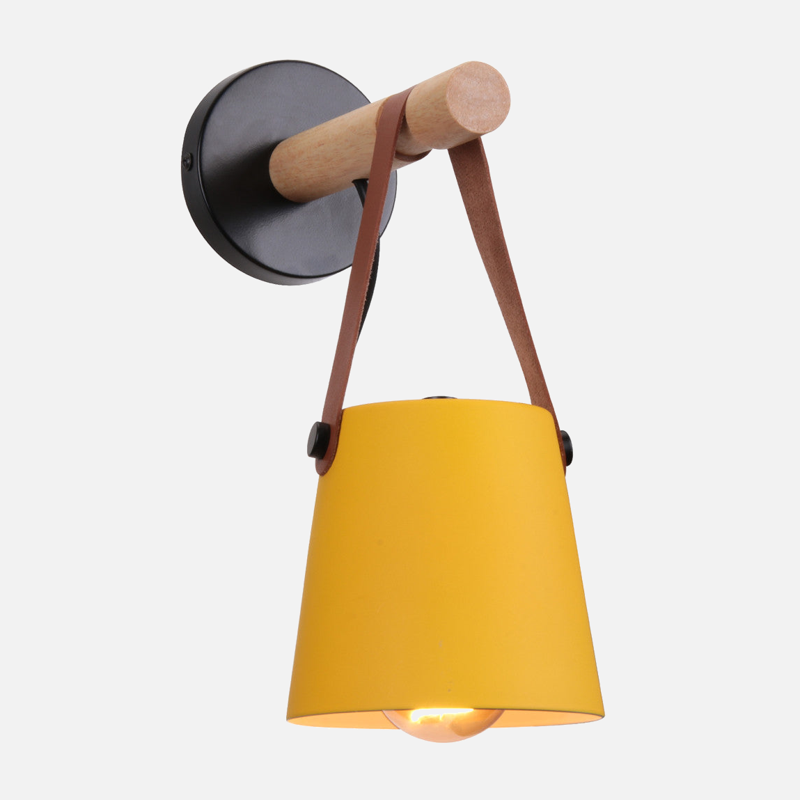 Modern Wood & Metal Wall Sconce with Faux Leather Strap Marigold
