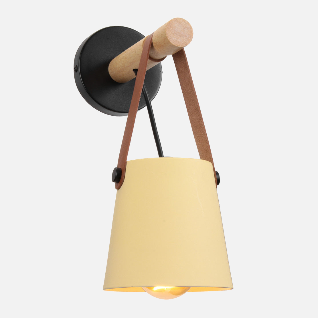 Modern Wood & Metal Wall Sconce with Faux Leather Strap Pastel Yellow