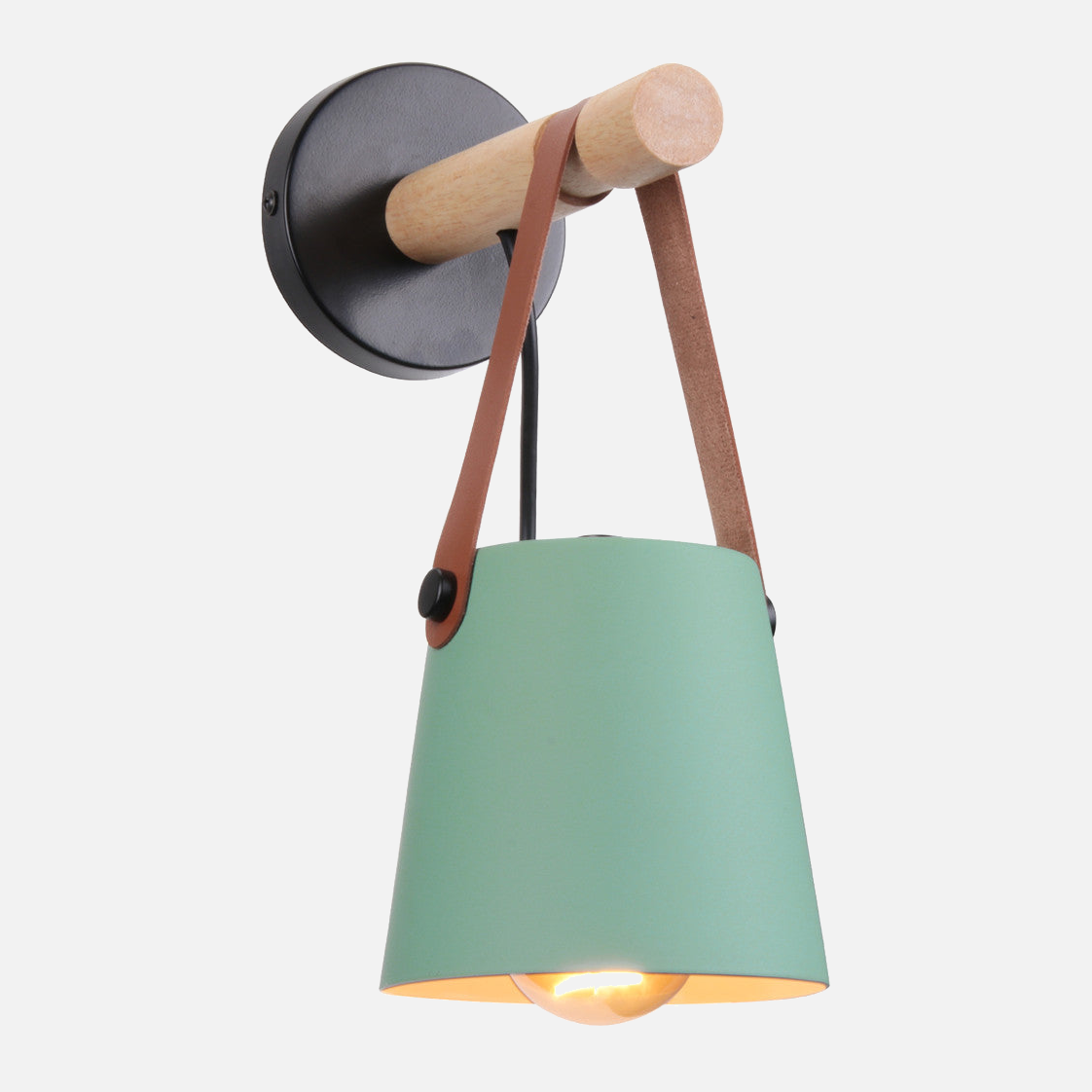 Modern Wood & Metal Wall Sconce with Faux Leather Strap Green