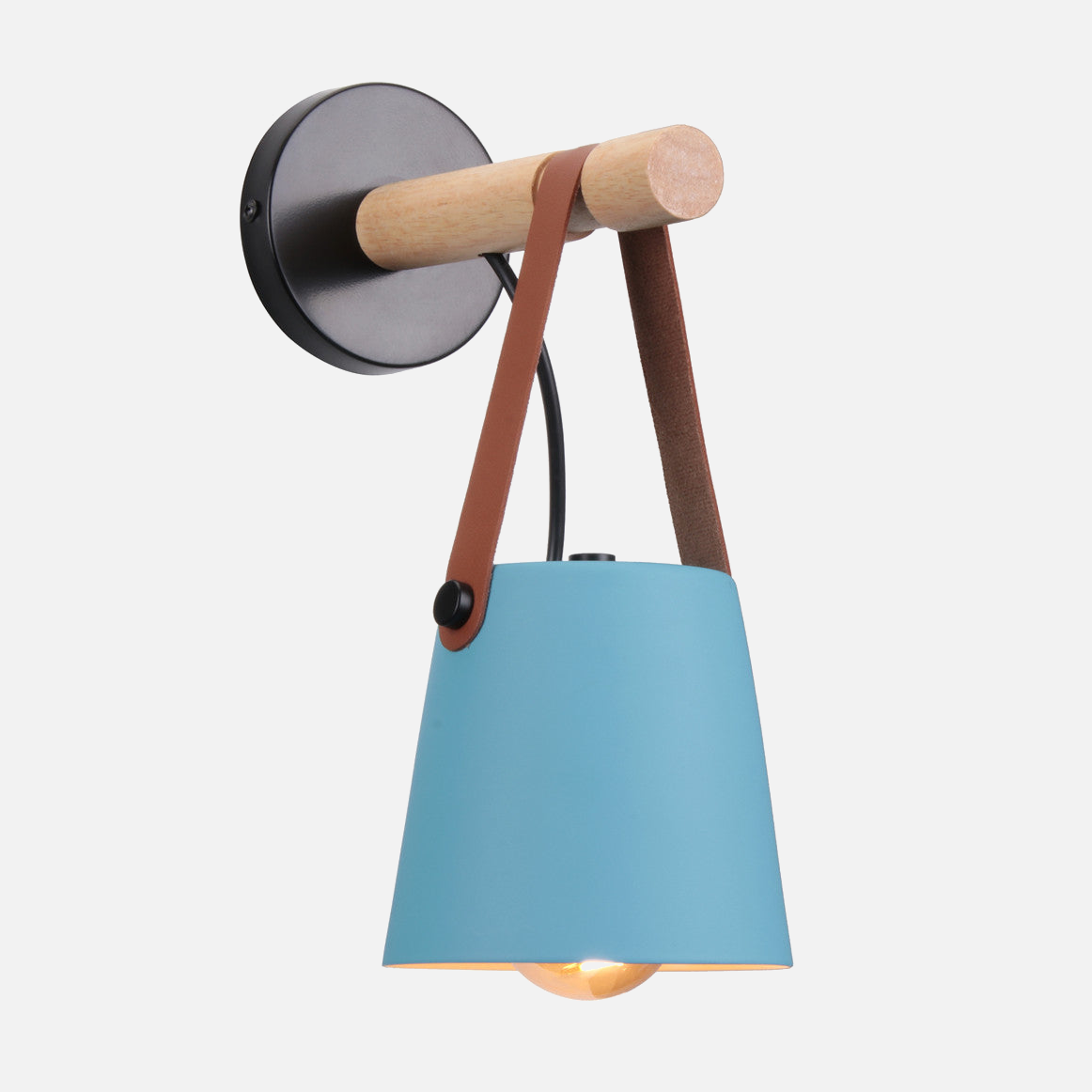 Modern Wood & Metal Wall Sconce with Faux Leather Strap Blue