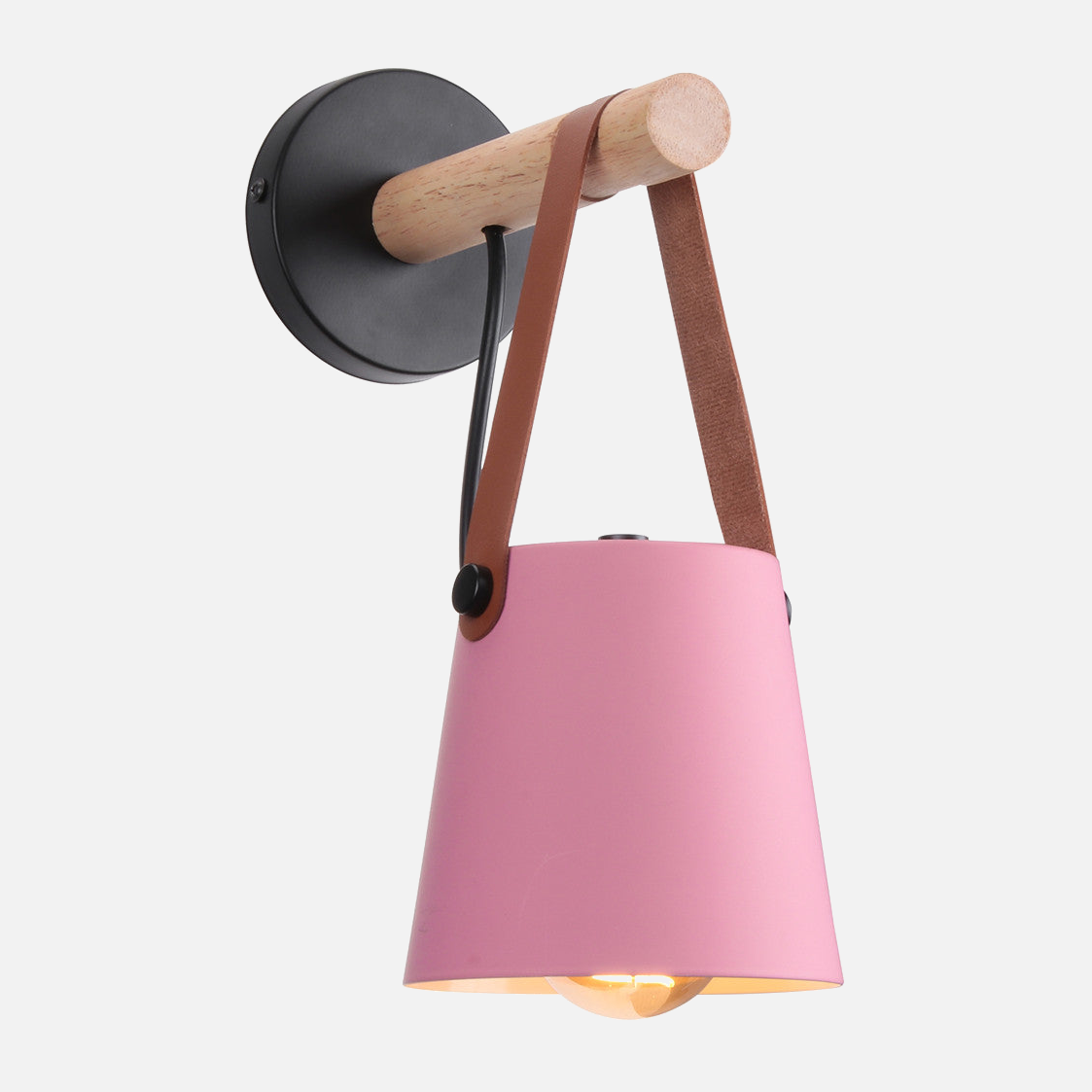 Modern Wood & Metal Wall Sconce with Faux Leather Strap Pink