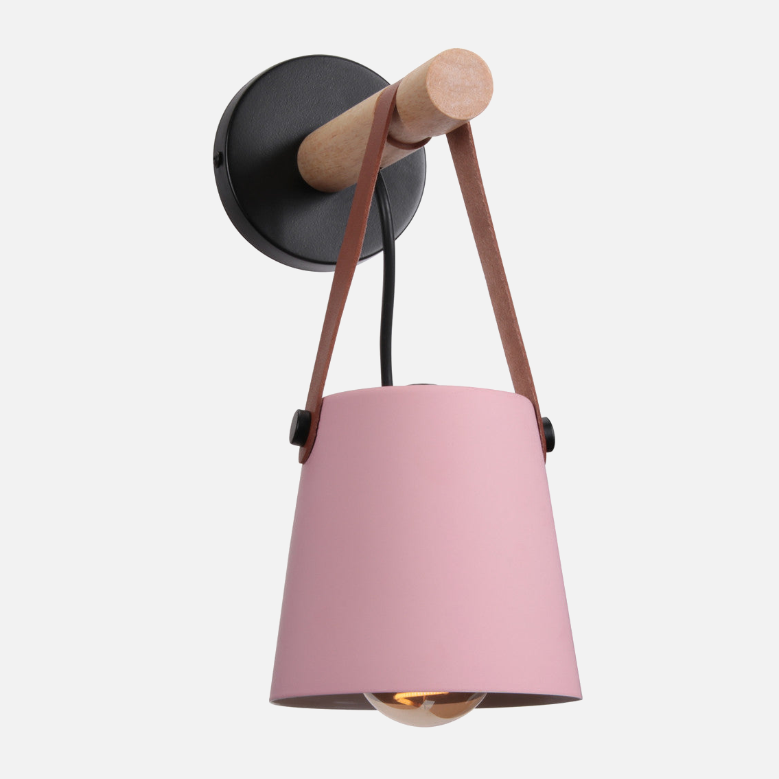 Modern Wood & Metal Wall Sconce with Faux Leather Strap Light Pink