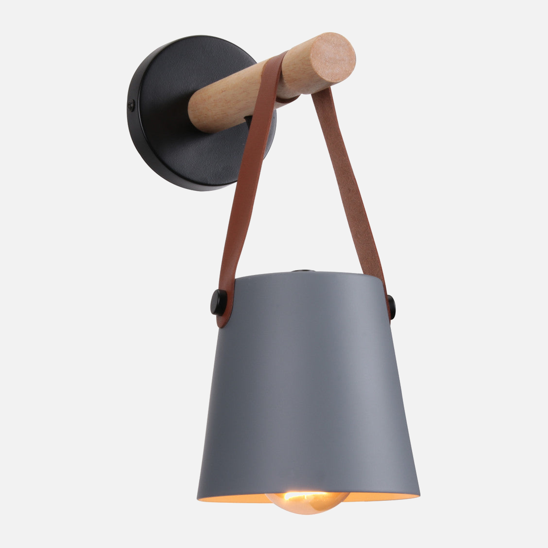 Modern Wood & Metal Wall Sconce with Faux Leather Strap Grey