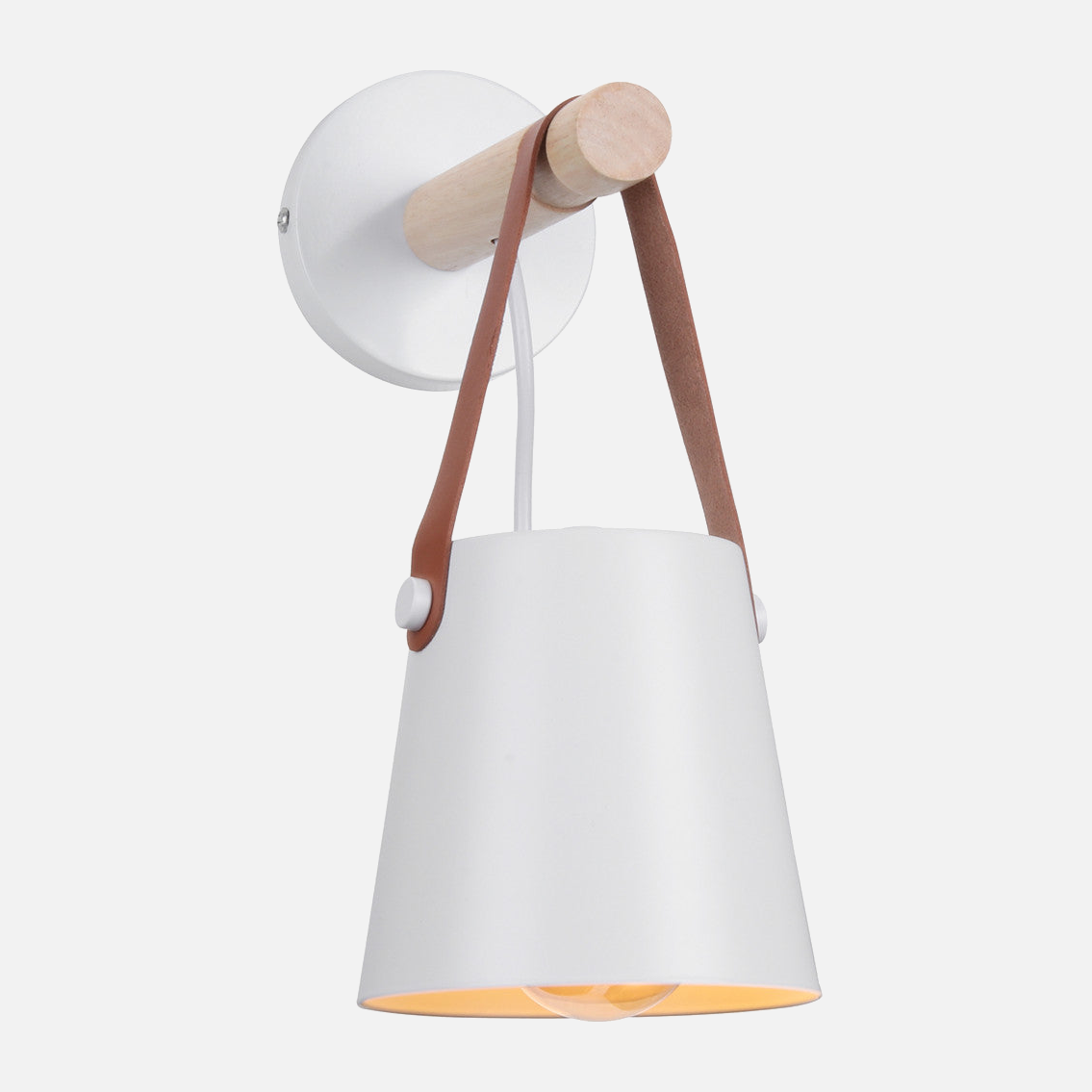 Modern Wood & Metal Wall Sconce with Faux Leather Strap White
