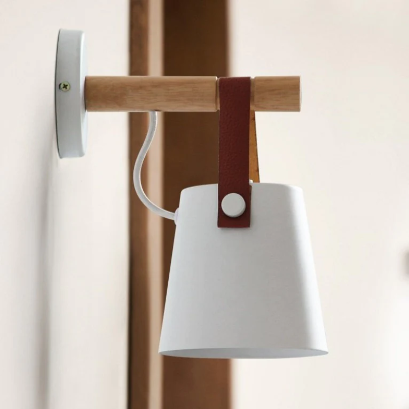 Modern Wood & Metal Wall Sconce with Faux Leather Strap