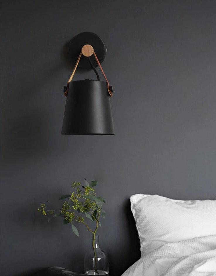 Modern Wood & Metal Wall Sconce with Faux Leather Strap