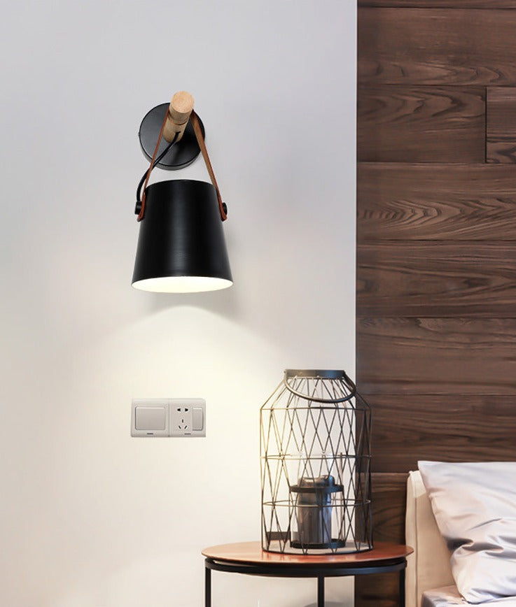 Modern Wood & Metal Wall Sconce with Faux Leather Strap