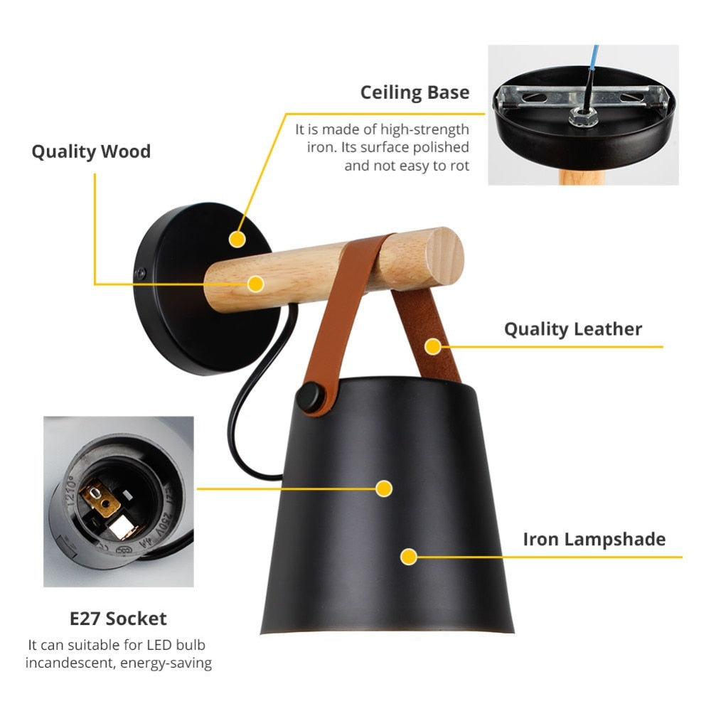 Modern Wood & Metal Wall Sconce with Faux Leather Strap