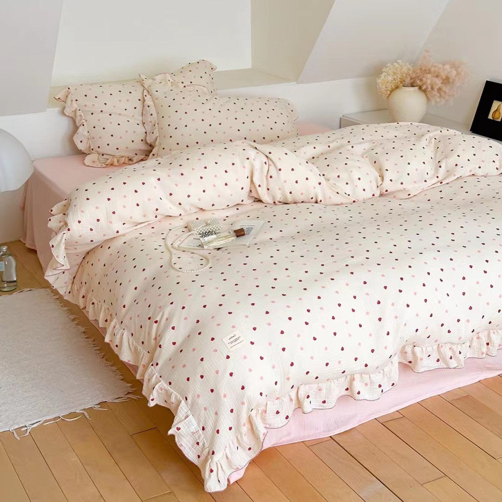 Pink Heart Duvet Cover Set – Ruffled Cotton Muslin