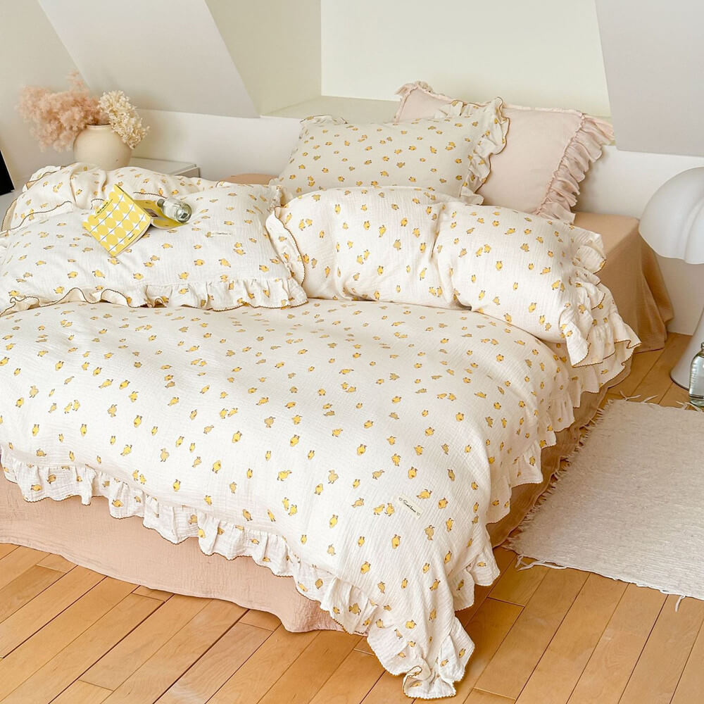 Duckling Print Duvet Cover Set – Cotton Muslin with Ruffles