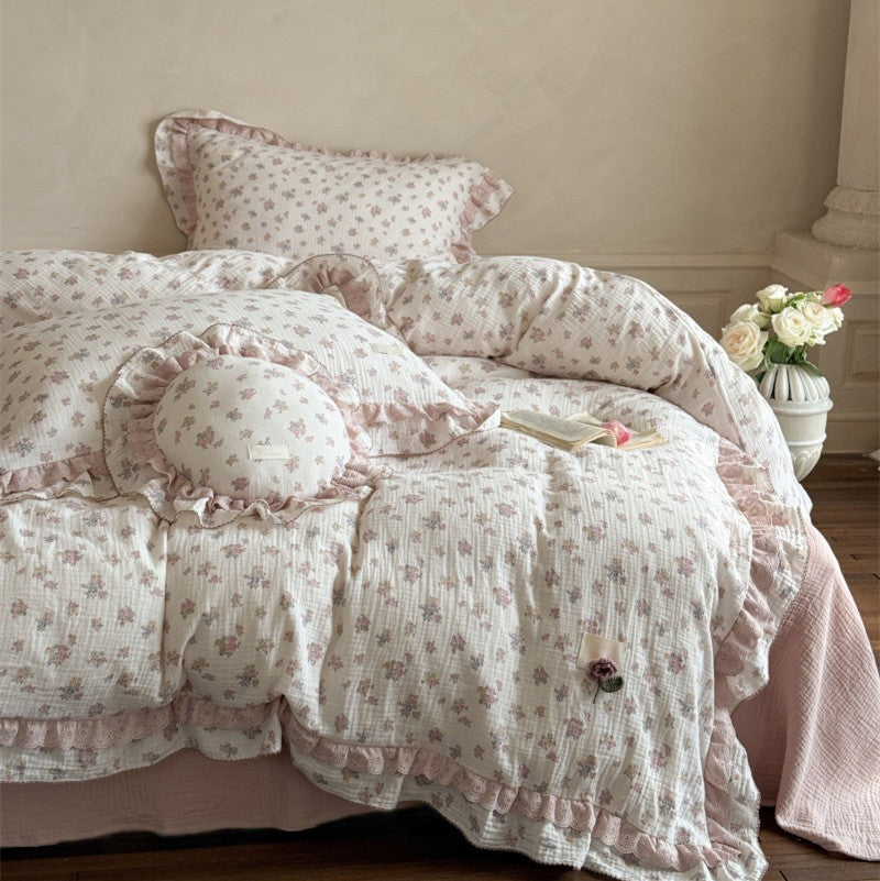 Queen Floral Bedding Set – Ruffled Cotton Muslin, Pink Flower