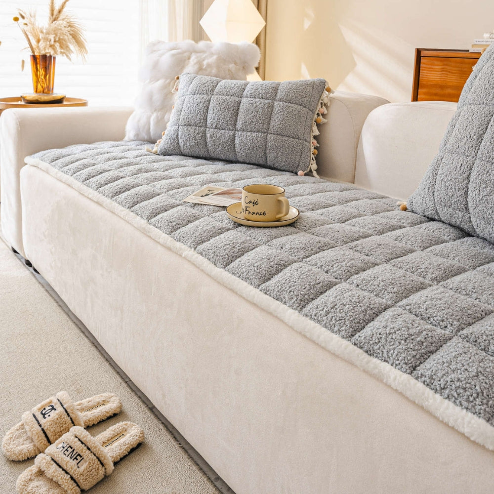 Modern Square Boucle Anti-Slip Couch Cover Soft Silver