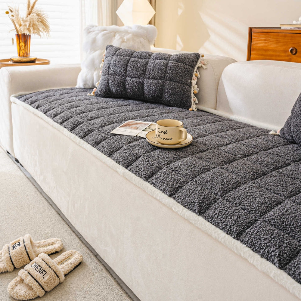 Modern Square Boucle Anti-Slip Couch Cover Deep Charcoal