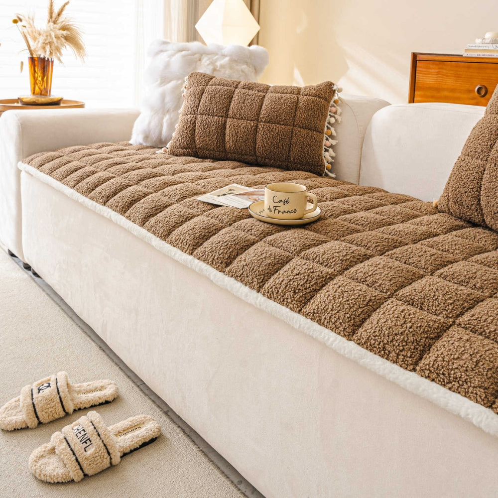 Modern Square Boucle Anti-Slip Couch Cover Mocha Brown
