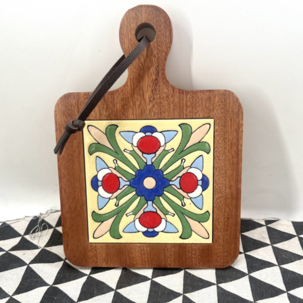 Moroccan Ebony Floral Wooden Trivets Bloom Red