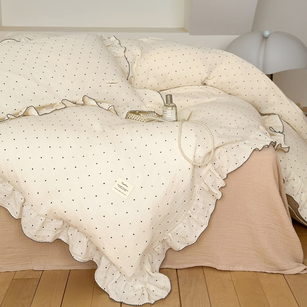 Cotton Gauze Bedding Set – Polka Dot with Soft Ruffles