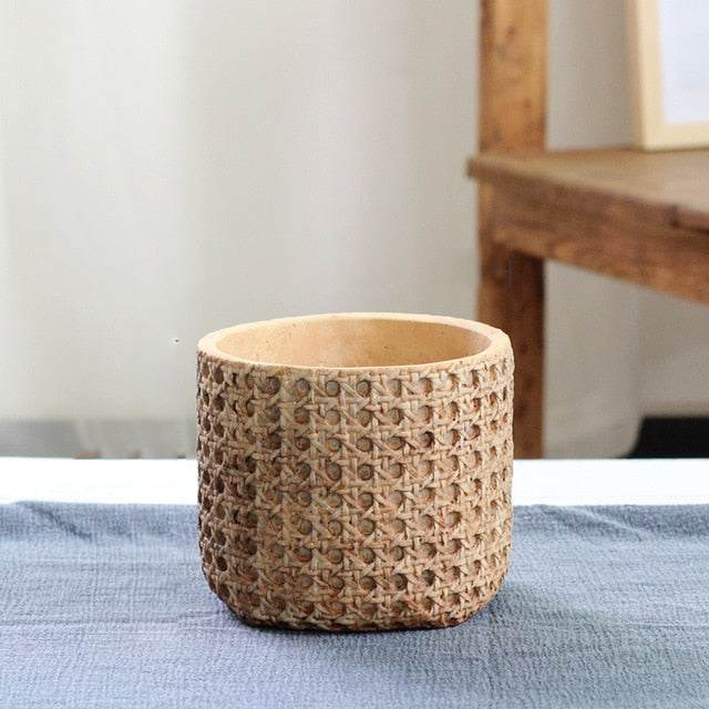 Natural Rattan Texture Cement Planter Medium