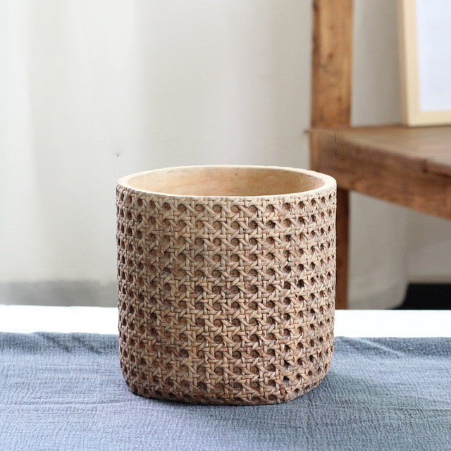 Natural Rattan Texture Cement Planter Large