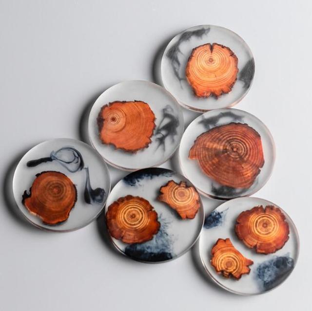 Natural Wood & Resin Coasters Round 6pcs