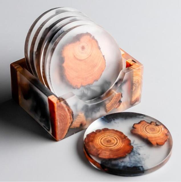 Natural Wood & Resin Coasters Round Full Set