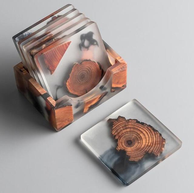 Natural Wood & Resin Coasters Square Full Set