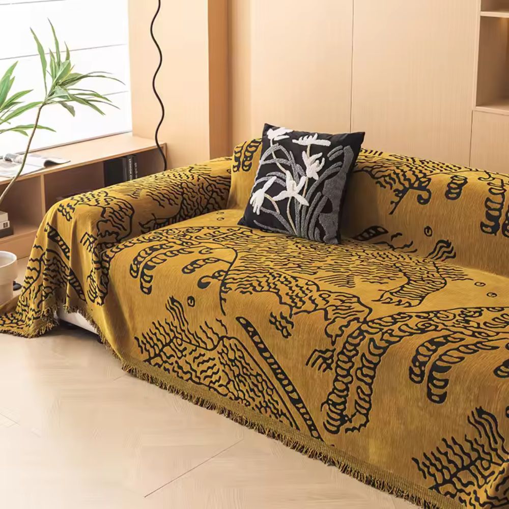 Nature Sketch Pattern Sofa Cover Mustard Sketch