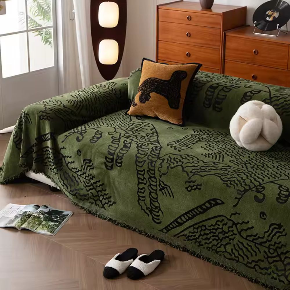 Nature Sketch Pattern Sofa Cover Olive Sketch