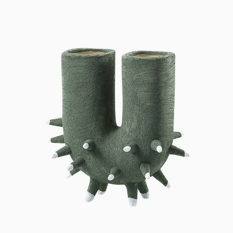 Negril Tribal Abstract Ceramic Vase Spiked U-Vase Green
