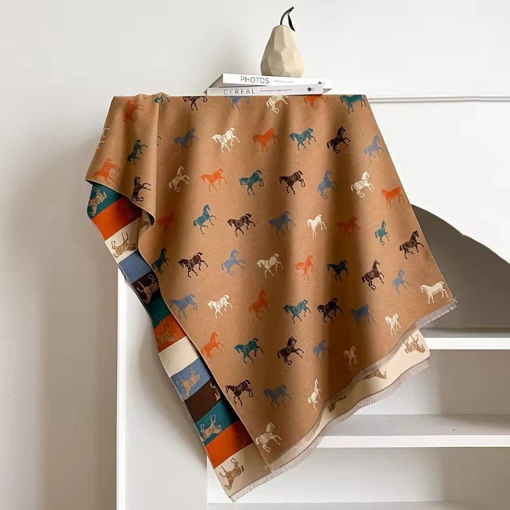 Noble Charm Horse Print Shawl Scarf Caramel Tone