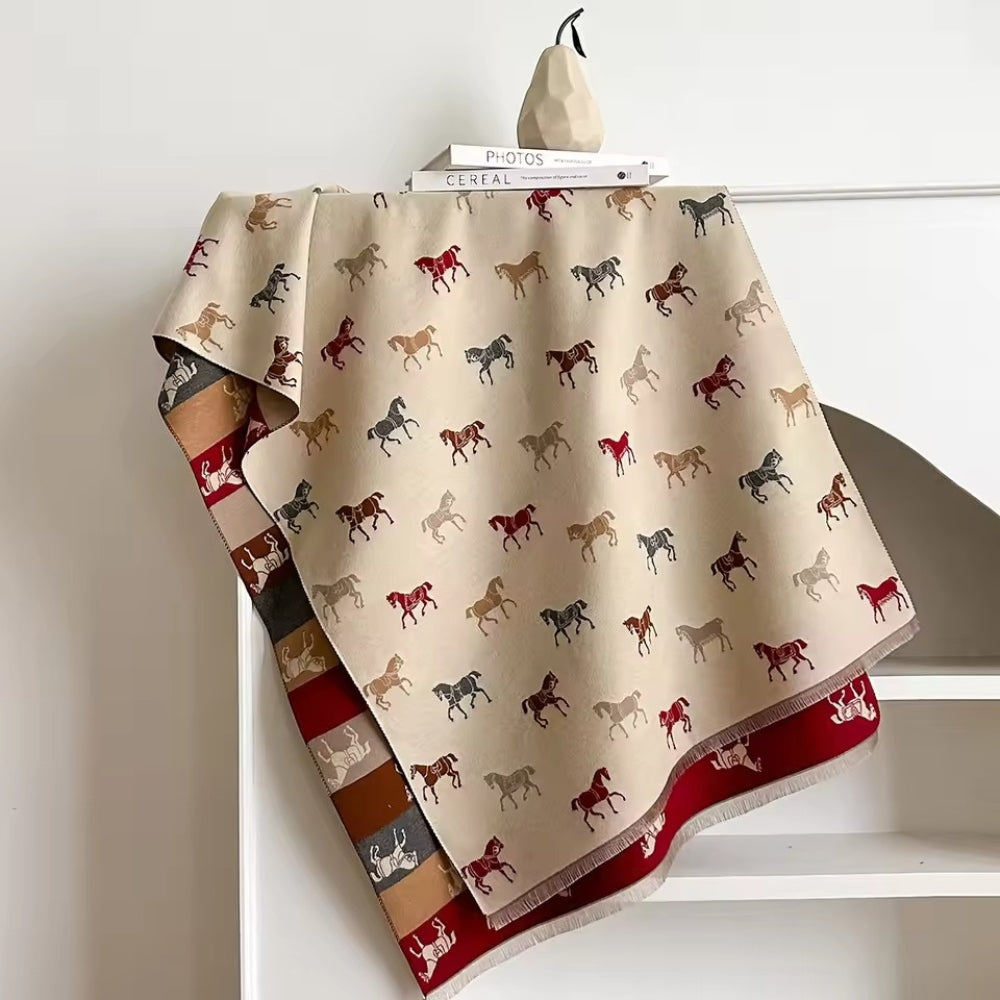 Noble Charm Horse Print Shawl Scarf Ivory Tone