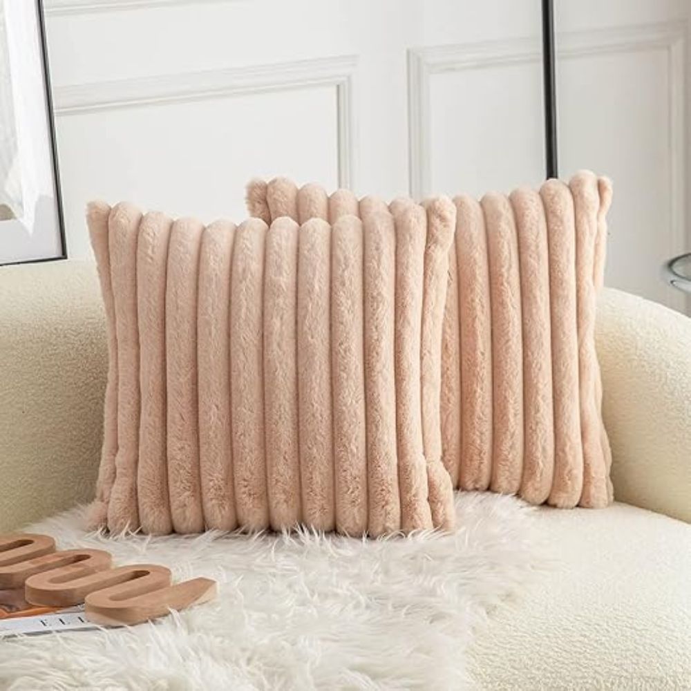 Nouvia Faux Fur Plush Cushion Cover Beige Cream
