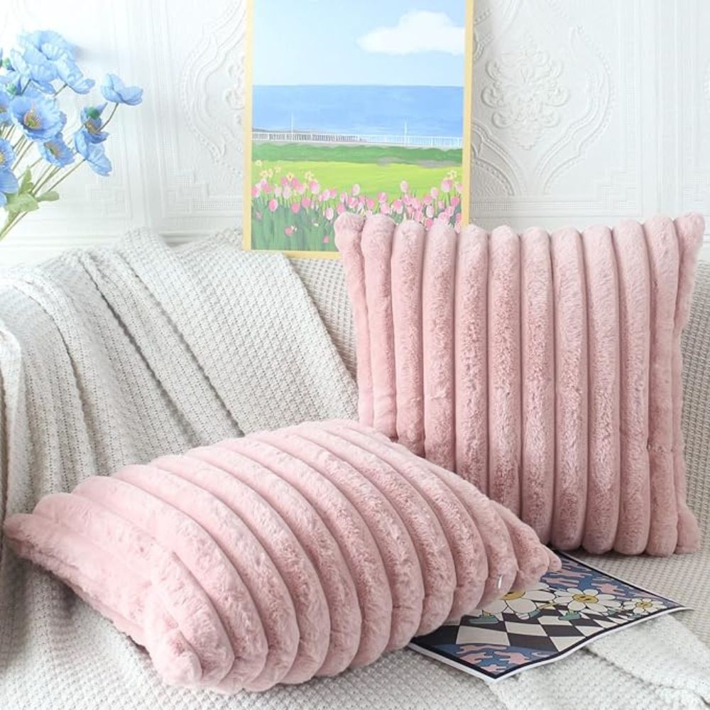 Nouvia Faux Fur Plush Cushion Cover Bean Paste Pink