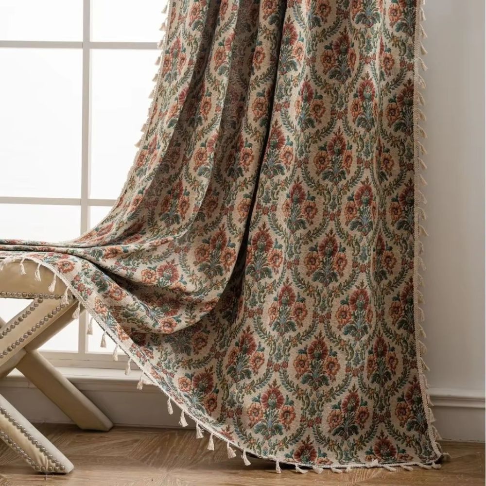Noveau Ditsy Floral Tassel Curtain Ivory Tapestry