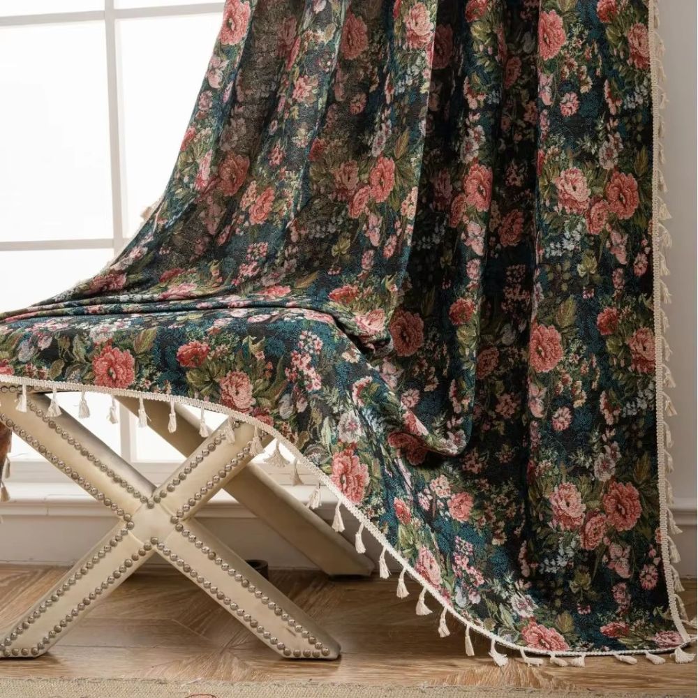 Noveau Ditsy Floral Tassel Curtain Rust Garden