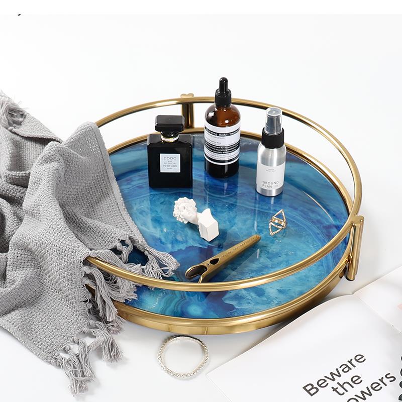 Blue Agate Tray Gold Round