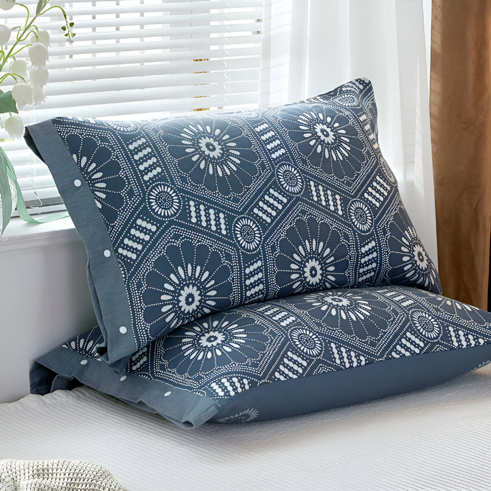 Pure Cotton Buttoned Pillowcase Navy Geometry