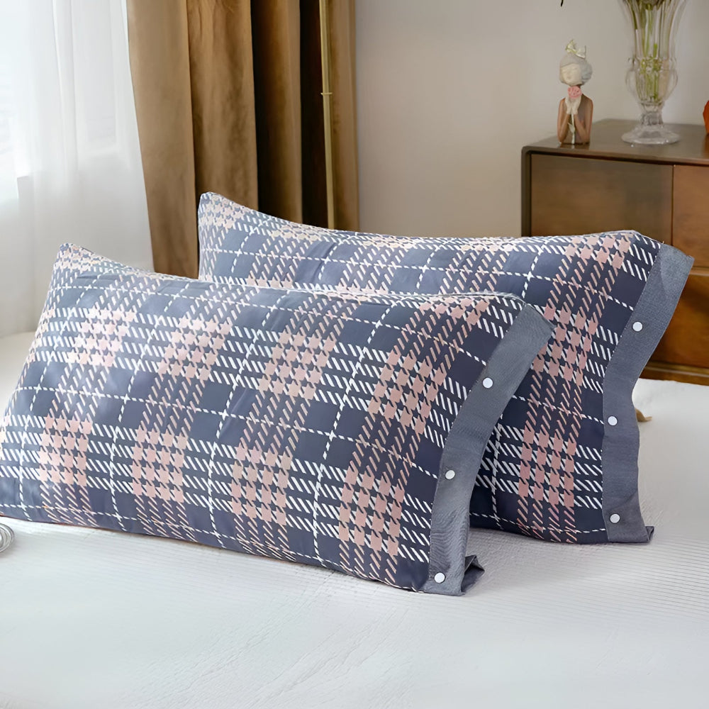 Pure Cotton Buttoned Pillowcase Pink Plaid