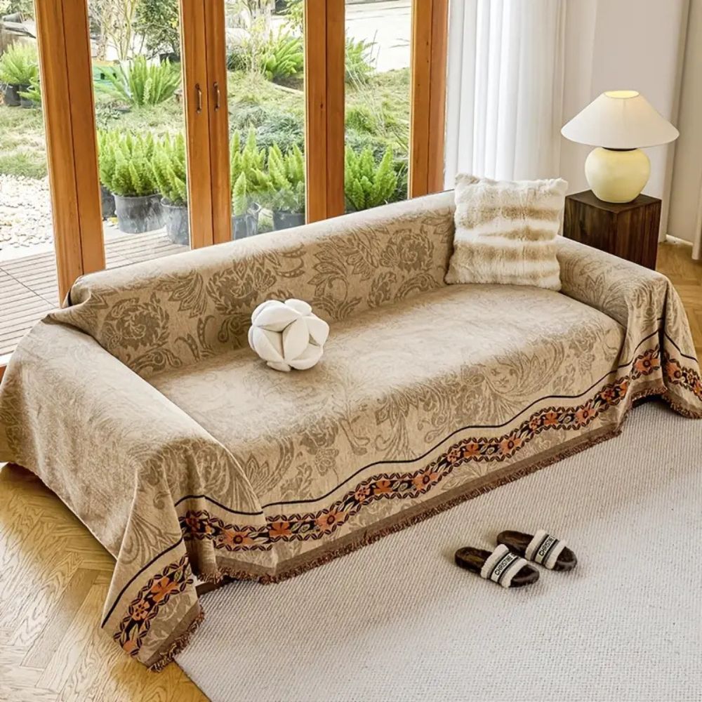 Floral Tasseled Boho Sofa Cover Orange Bloom