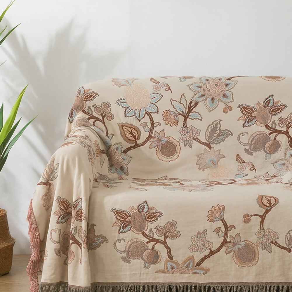 Orchid Trail Floral Cotton Tassel Bed Blanket Cream Blossom