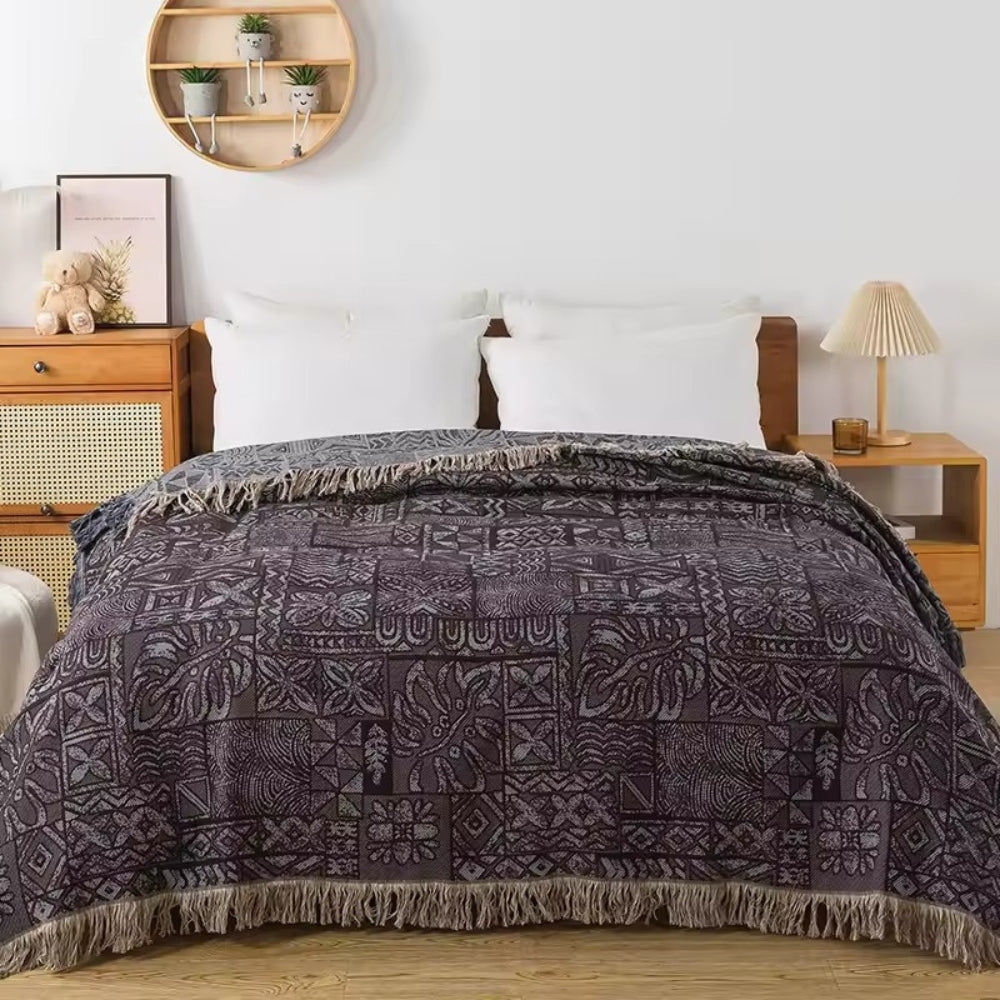 Ornate Blossom Cotton Blanket Charcoal Tone