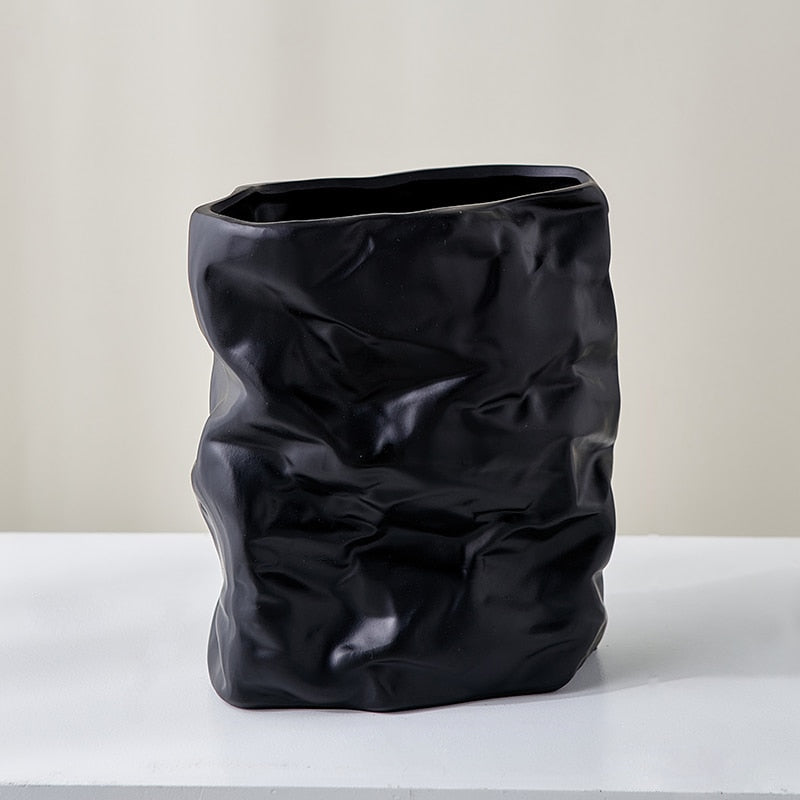 Paper Bag Whimsical Ceramic Vase Black