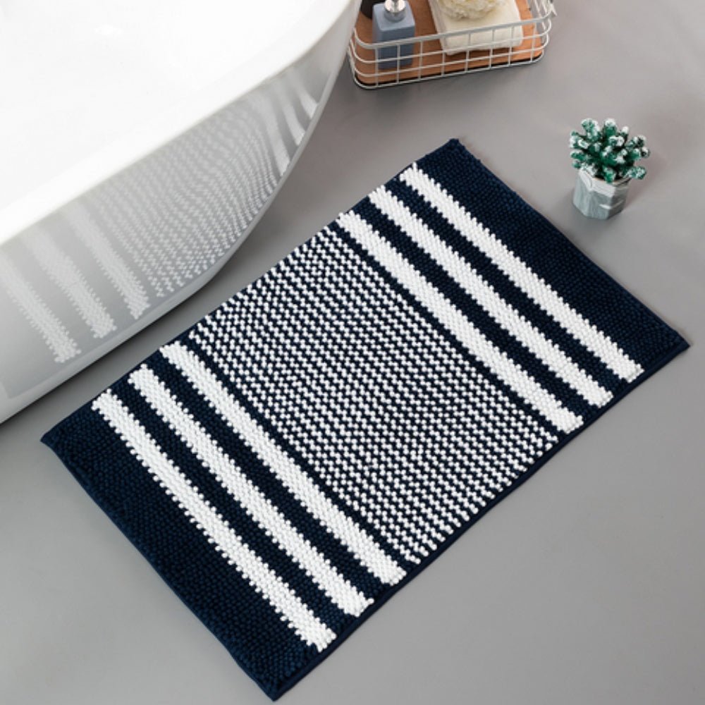 Pebble-Knit Striped Chenille Bath Mat Ocean Blue