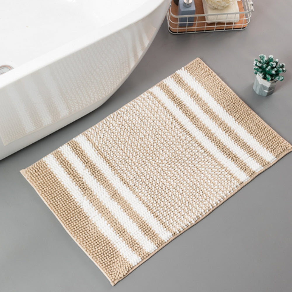 Pebble-Knit Striped Chenille Bath Mat Sandy Beige
