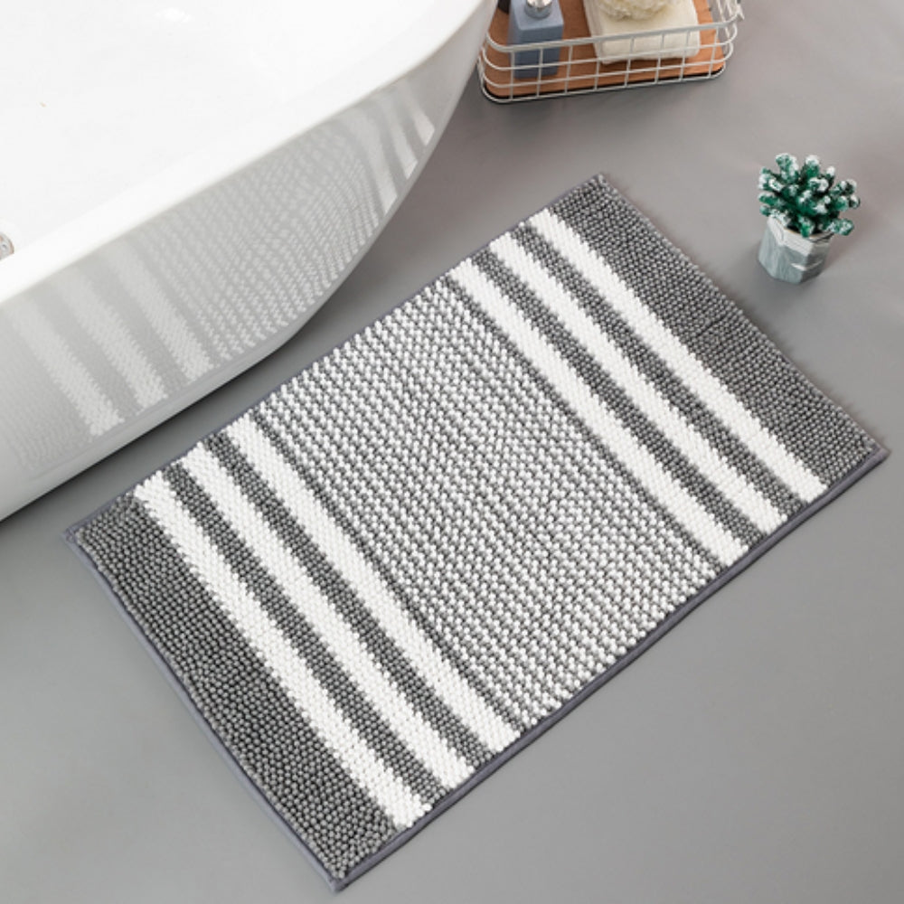 Pebble-Knit Striped Chenille Bath Mat Slate Gray