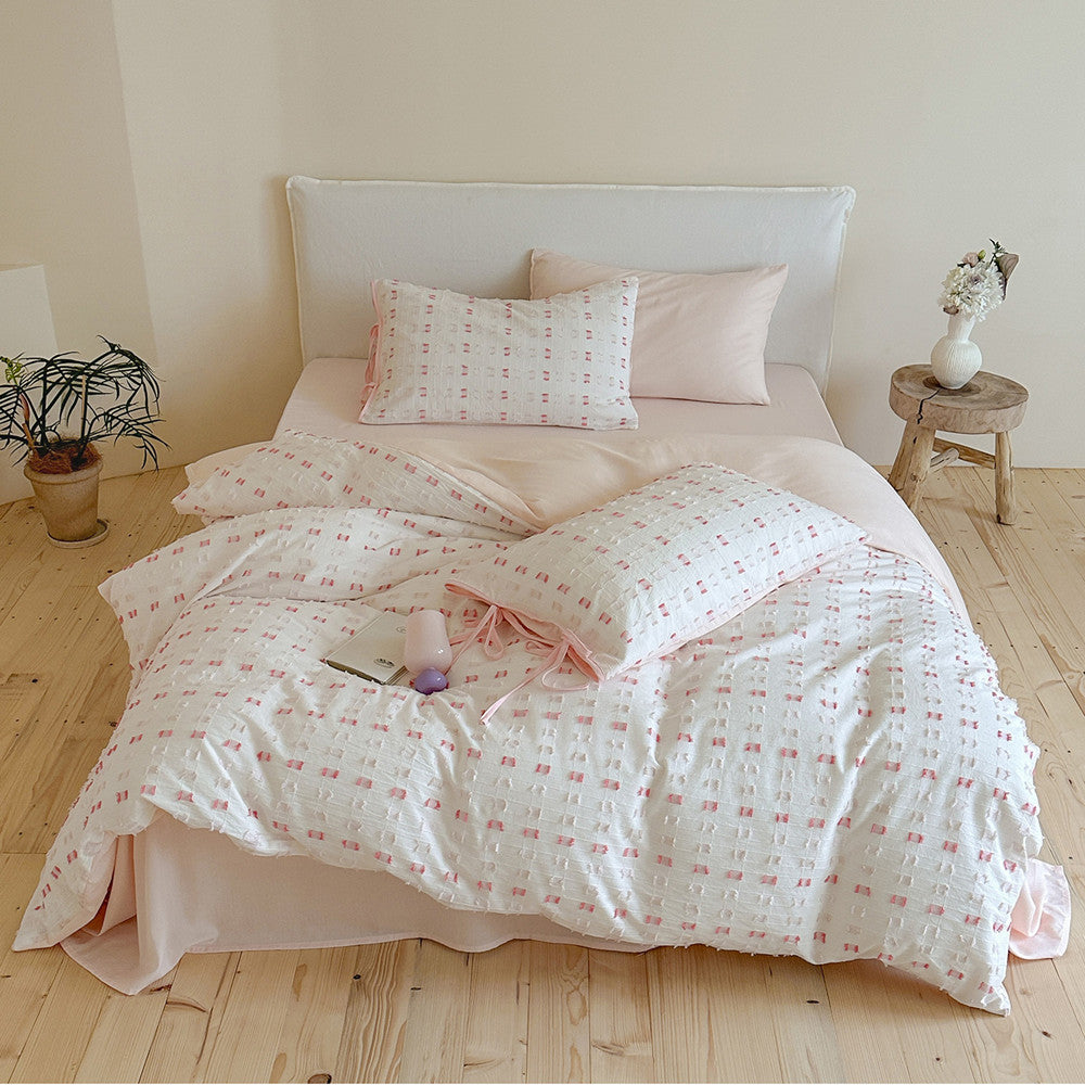 Pink Tufted Check Cotton Bedding Set
