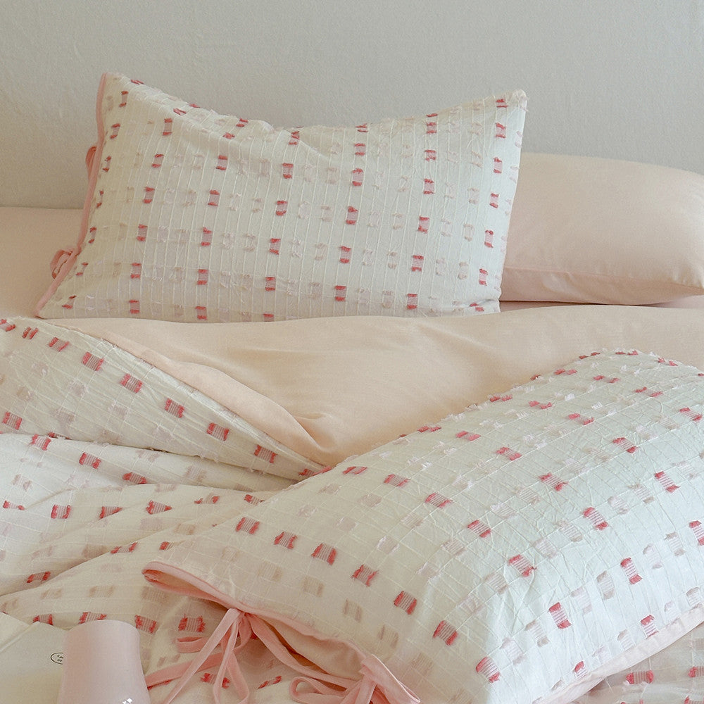 Pink Tufted Check Cotton Bedding Set