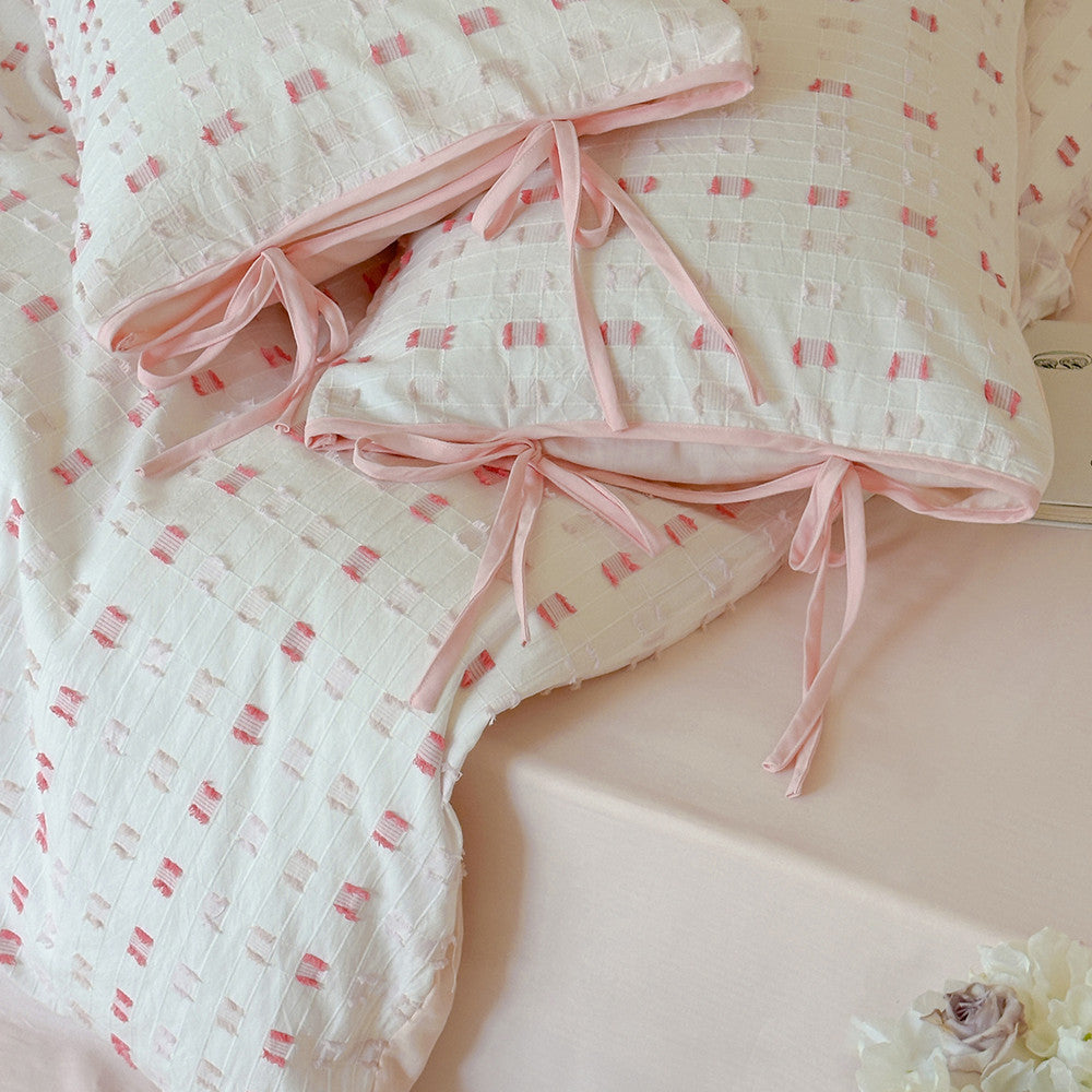 Pink Tufted Check Cotton Bedding Set