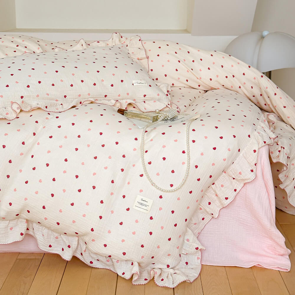 Pink Heart Duvet Cover Set – Ruffled Cotton Muslin