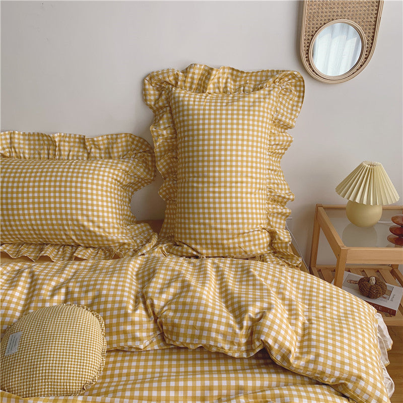 Plaid Ruffle Bedding Set Mustard
