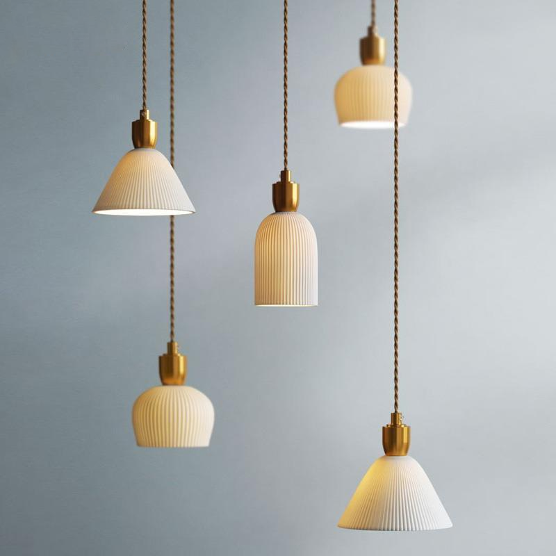 Pleated Ceramic & Brass Cocoon Pendant Light